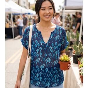 Francesca's Cactus Print Sheer Split Neck Blouse S/M Blue Boho Desert EUC